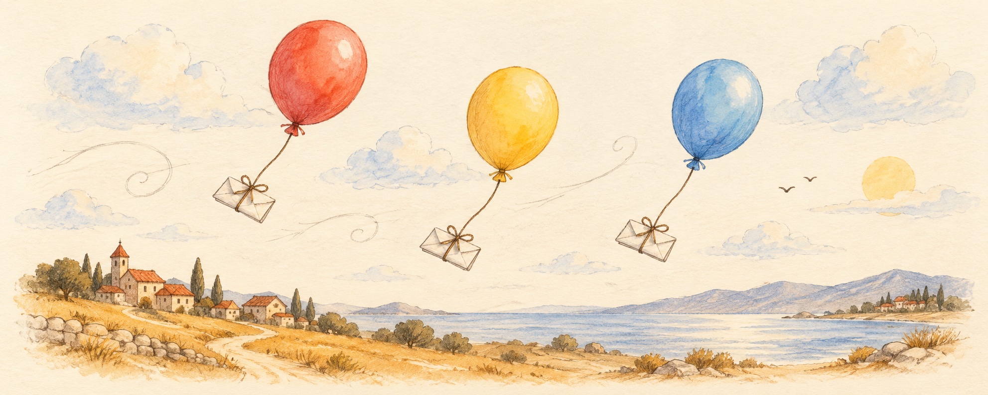 Drei gezeichnete Ballons mit Briefen schweben über einem Dorf und einem See.